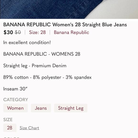 BANANA REPUBLIC Women’s 28 Straight Leg Blue Jeans - Picture 5 of 5